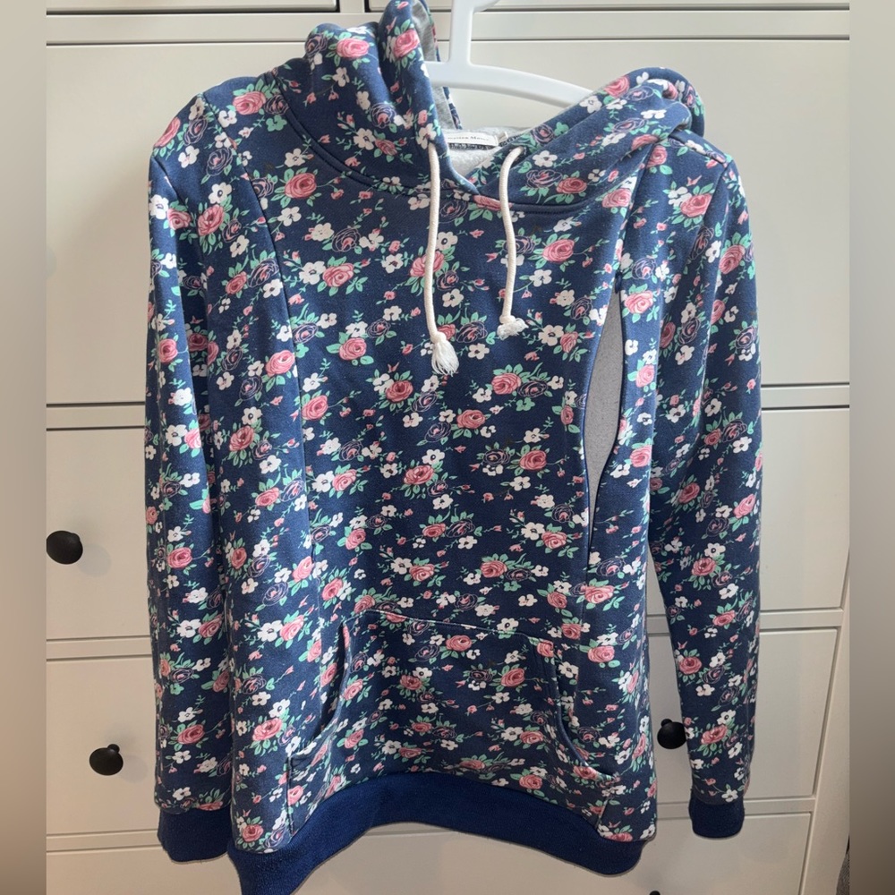 Floral Hoodie Sweatshirt - Navy with Pink Roses